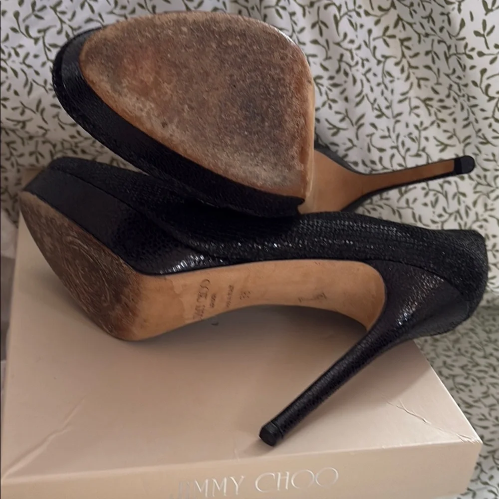 Jimmy Choo Black Glitter Platform Heels - Picture 6 of 8